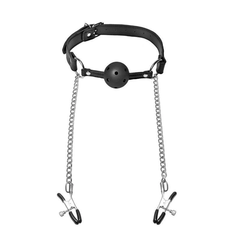 Hinder Breathable Silicone Ball Gag with Nipple Clamps