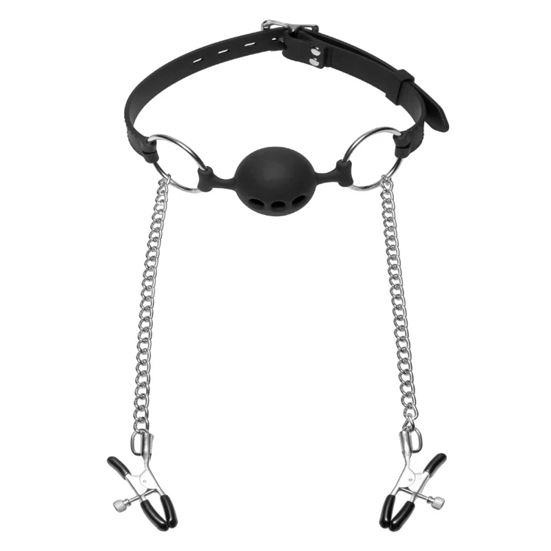 Hinder Breathable Silicone Ball Gag with Nipple Clamps - Image 4