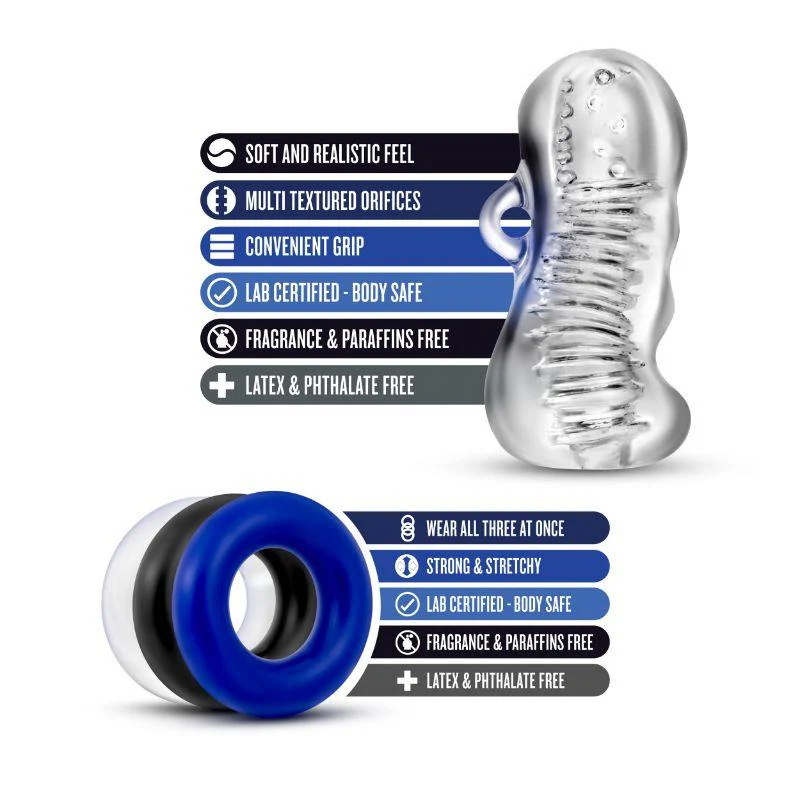 Quickie Kit Jerk Off Stroker & 3-Piece Cockring Set Clear - Image 4